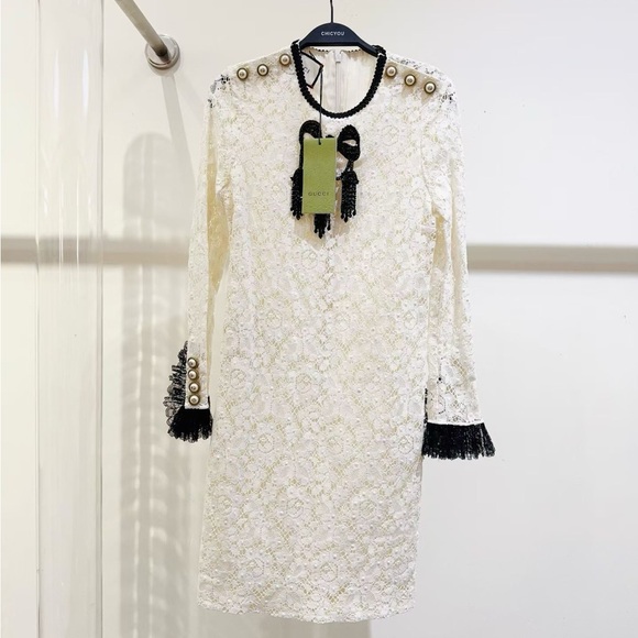 Gucci Dresses & Skirts - 🧨steal Authentic Gucci Cream Lace Dress with Black Details